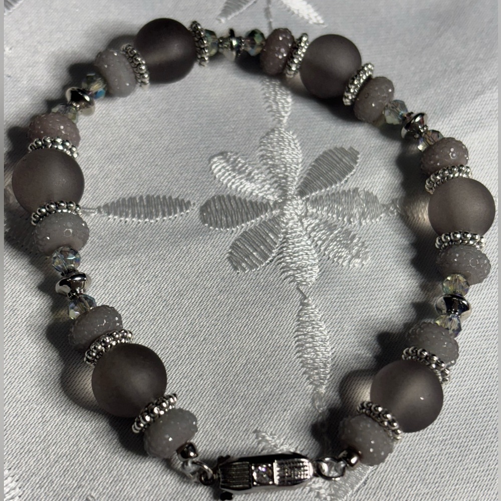 Frosted Gray Beaded Bracelet with Silver and Crystal Accents 8 inches